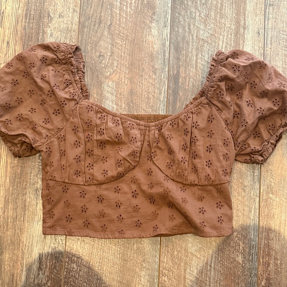 Hollister Brown Eyelet Puff-Sleeve Crop Top